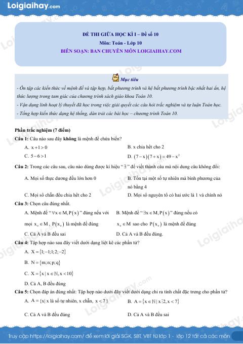 Đề thi giữa kì 1 Toán 10 Chân trời sáng tạo - Đề số 10